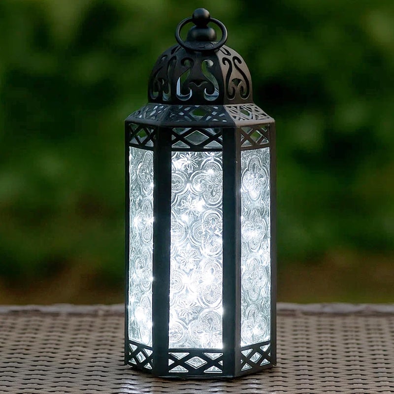 Vela Lanterns 10.5" Metal Moroccan Decorative LED Fairy Lights Candle Lantern Holders for Indoor Home Fantasy Decor, Table Centerpieces, Outdoor Patio or Porch, Weddings, Clear, Medium - Image 1